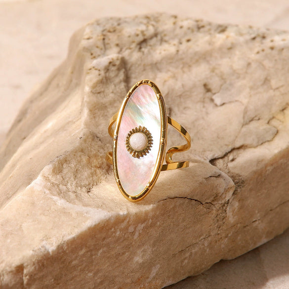 Wholesale Ring Stainless Steel Oval Geometric Inlaid Pearl Shell With Fashionable Gemstone And Diamonds For Women