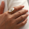 Wholesale Ring Stainless Steel Oval Geometric Inlaid Pearl Shell With Fashionable Gemstone And Diamonds For Women