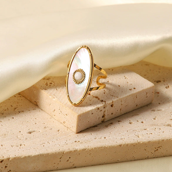 Wholesale Ring Stainless Steel Oval Geometric Inlaid Pearl Shell With Fashionable Gemstone And Diamonds For Women