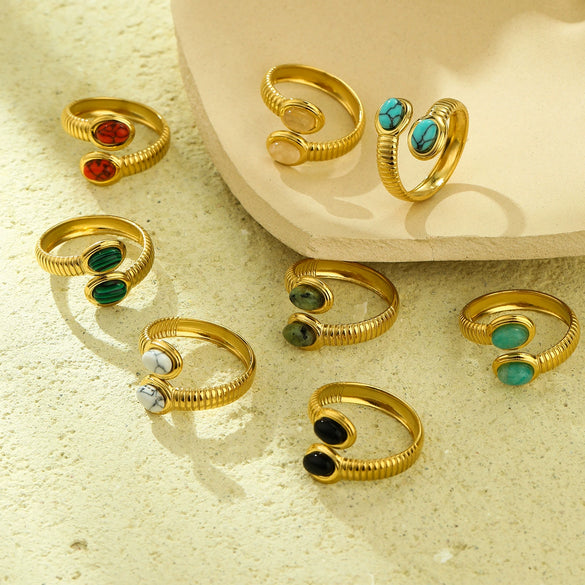 Wholesale Ring Stainless Steel Oval Inlaid Natural Stone Light Luxury Style Electroplated