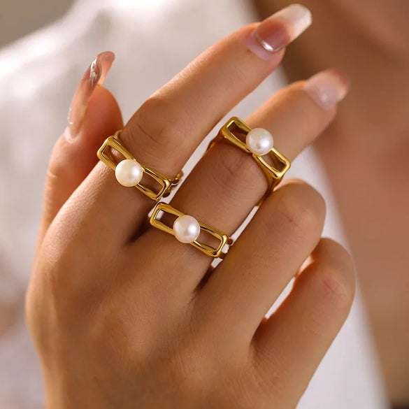 Wholesale Ring Stainless Steel Plated With Gold Square Hollow Set Pearl Geometric Style