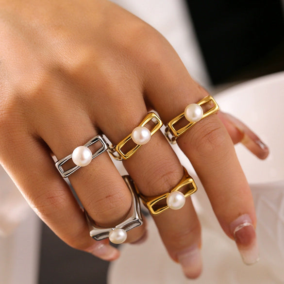 Wholesale Ring 316L Stainless Steel Plated With Gold Square Hollow Set Pearl Geometric Style