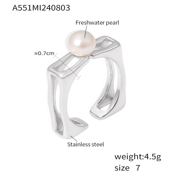 Wholesale Ring 316L Stainless Steel Plated With Gold Square Hollow Set Pearl Geometric Style