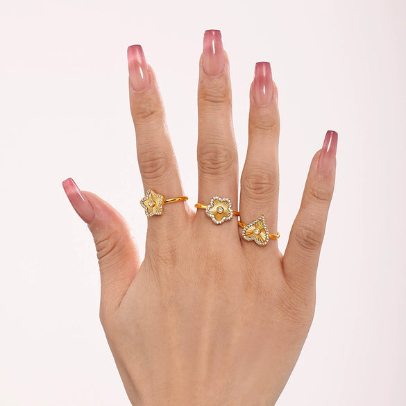 Wholesale Ring Stainless Steel Pvd Electroplated Love Fiveleaf Flower With Microinlaid Zircon Heart Star Geometric Shape