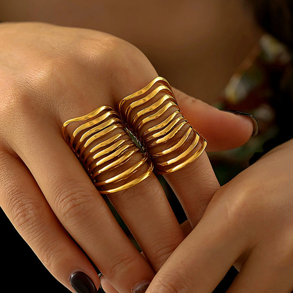 Wholesale Ring Stainless Steel Real Gold Plated Geometric Hollow Multi Layer Retro Exaggerated For Women