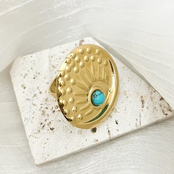 Wholesale Ring Stainless Steel Retro Blue Turquoise Oil Pressure Texture Peacock Open Screen Electroplating Unisex