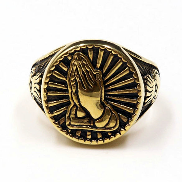 Wholesale Ring Stainless Steel Retro Praying Hand Skull Pattern Apply Oil Unisex