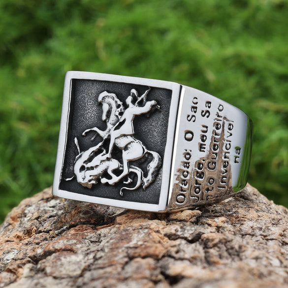 Wholesale Ring Stainless Steel Retro Punk Style Square Dragon Slaying Totem Apply Oil Unisex