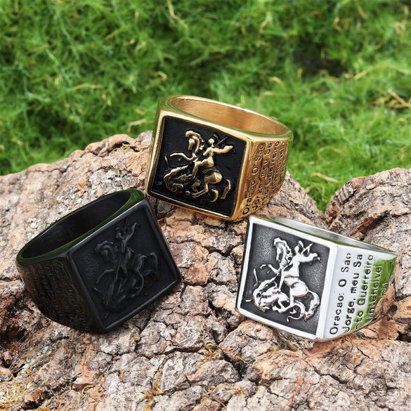 Wholesale Ring Stainless Steel Retro Punk Style Square Dragon Slaying Totem Apply Oil Unisex