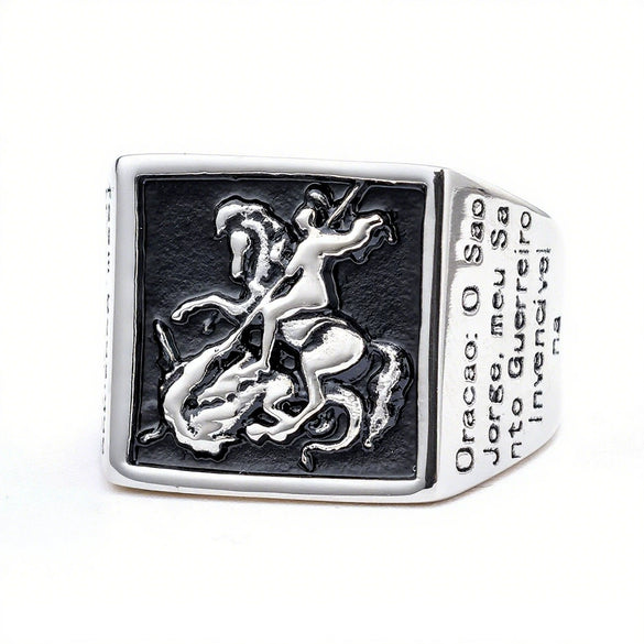 Wholesale Ring Stainless Steel Retro Punk Style Square Dragon Slaying Totem Apply Oil Unisex
