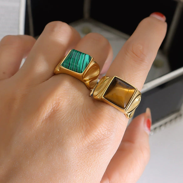 Wholesale Ring Stainless Steel Tiger's Eye Geometric Style Electroplated Unisex Jewelry