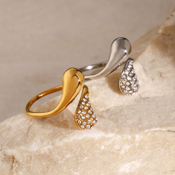 Wholesale Ring Stainless Steel Water Drop Shaped Rhinestone Electroplated