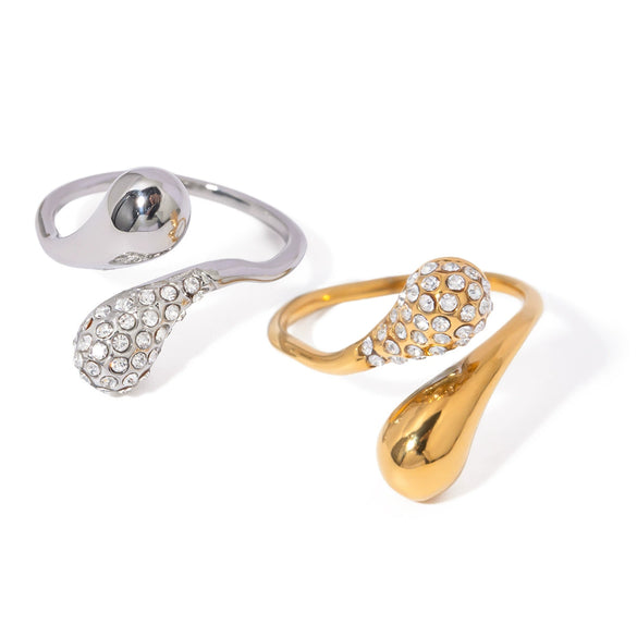 Wholesale Ring Stainless Steel Water Drop Shaped Rhinestone Electroplated
