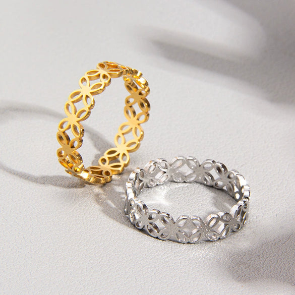 Wholesale Ring Titanium Steel Four Leaf Flower Hollow Laser Cutting Electroplated Women's Ring