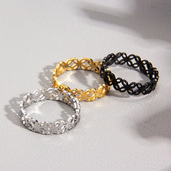 Wholesale Ring Titanium Steel Four Leaf Flower Hollow Laser Cutting Electroplated Women's Ring