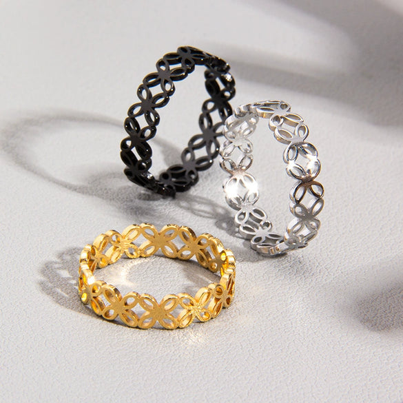 Wholesale Ring Titanium Steel Four Leaf Flower Hollow Laser Cutting Electroplated Women's Ring
