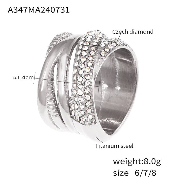 Wholesale Ring 316L Stainless Steel Geometric Crosswoven Multirow Diamond Plated 18K True Gold Light Luxury Fashionable For Women
