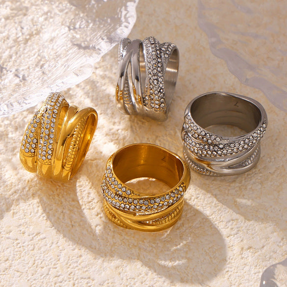 Wholesale Ring 316L Stainless Steel Geometric Crosswoven Multirow Diamond Plated 18K True Gold Light Luxury Fashionable For Women