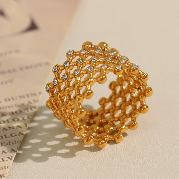 Wholesale Ring 316L Stainless Steel Geometric Honeycomb Hollow Design Inlaid Czech Diamond Gold Plated