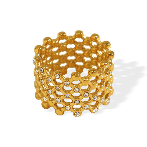 Wholesale Ring 316L Stainless Steel Geometric Honeycomb Hollow Design Inlaid Czech Diamond Gold Plated