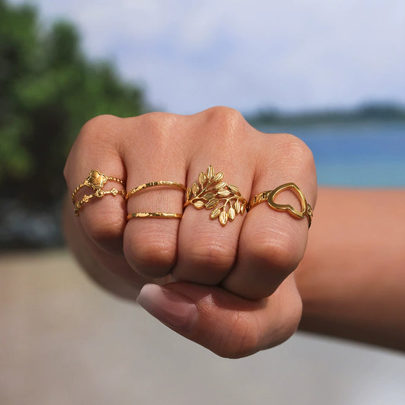 Wholesale Ring 316L Stainless Steel Geometric Leaf Pattern 18K Gold Plated Electroplated For Women