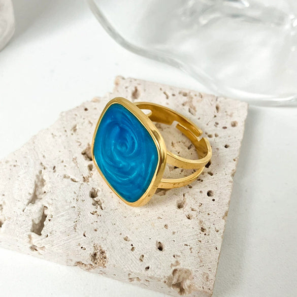 Wholesale Ring Titanium Steel Geometric Square Enamel Blue Dripping Oil Blooming Craft Retro Artistic Unisex