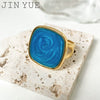 Wholesale Ring Titanium Steel Geometric Square Enamel Blue Dripping Oil Blooming Craft Retro Artistic Unisex