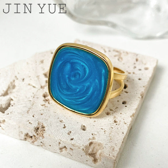 Wholesale Ring Titanium Steel Geometric Square Enamel Blue Dripping Oil Blooming Craft Retro Artistic Unisex