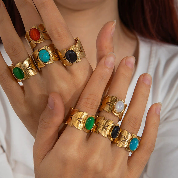 Wholesale Ring Titanium Steel Geometric U Shape Pattern Inlaid With Natural Stone Electroplated Gold Unisex