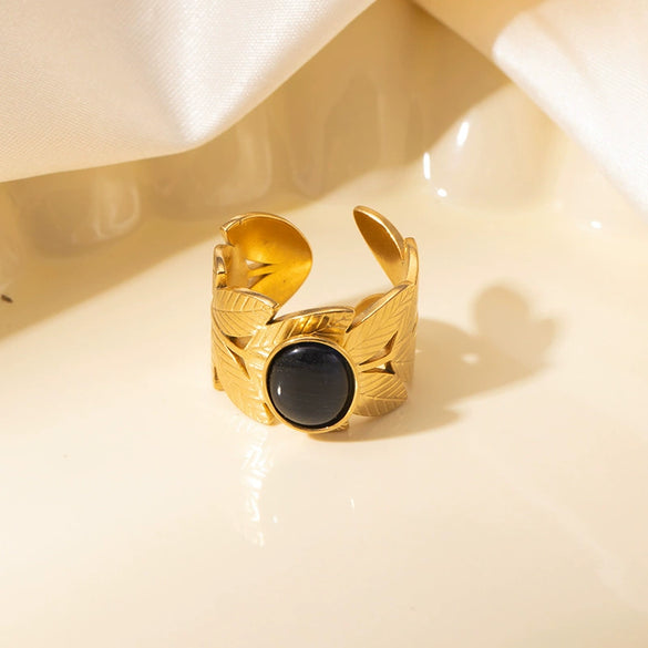 Wholesale Ring Titanium Steel Geometric U Shape Pattern Inlaid With Natural Stone Electroplated Gold Unisex