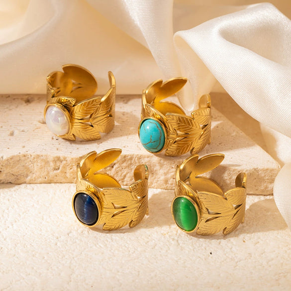 Wholesale Ring Titanium Steel Geometric U Shape Pattern Inlaid With Natural Stone Electroplated Gold Unisex