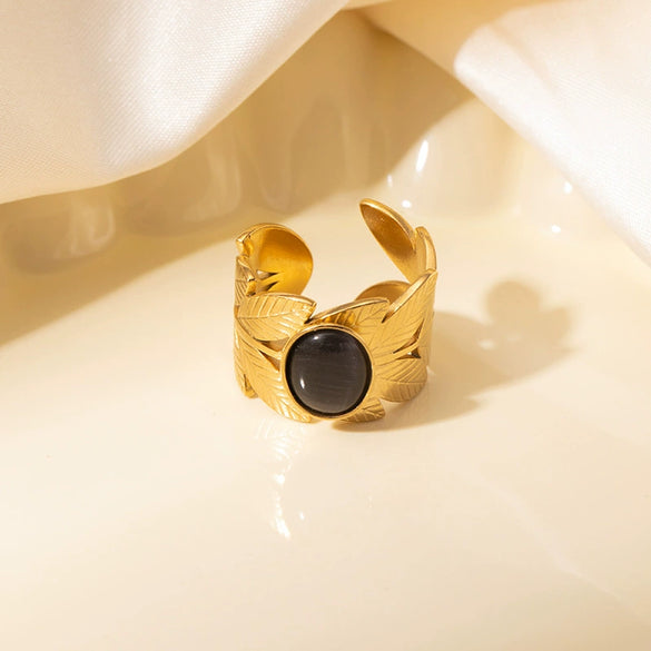 Wholesale Ring Titanium Steel Geometric U Shape Pattern Inlaid With Natural Stone Electroplated Gold Unisex