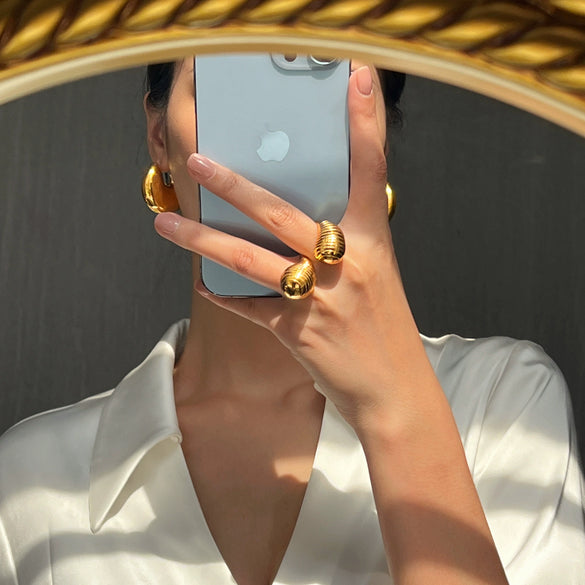Wholesale Ring 316L Stainless Steel Goldplated Geometric Double Water Drop Opening Cold Style Simple Fashion Unisex