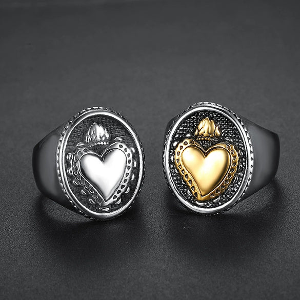 Wholesale Ring Titanium Steel Heartshaped Oil Applied Unisex Retro Locomotive Style