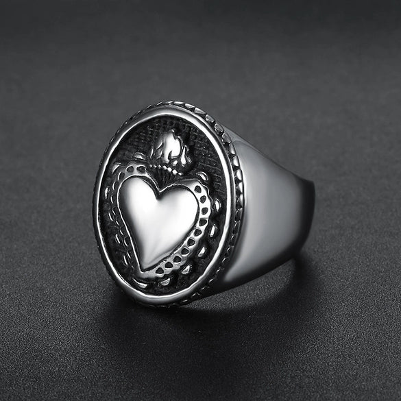Wholesale Ring Titanium Steel Heartshaped Oil Applied Unisex Retro Locomotive Style