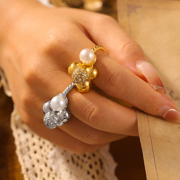 Wholesale Ring 316L Stainless Steel Imitation Pearls Geometric Multiball Stitching Diamondencrusted Electroplated 18K Real Gold For Women