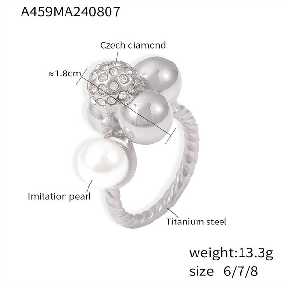 Wholesale Ring 316L Stainless Steel Imitation Pearls Geometric Multiball Stitching Diamondencrusted Electroplated 18K Real Gold For Women