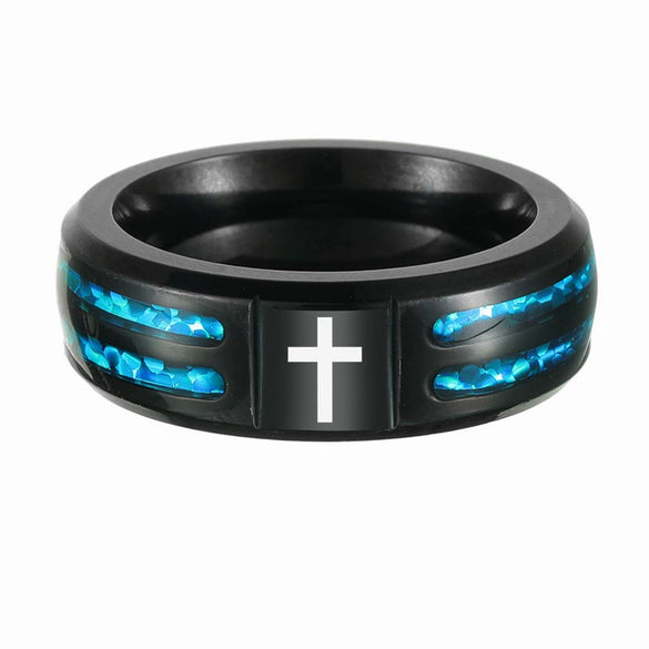 Wholesale Ring Titanium Steel Inlaid Imitation Opal Laser Cross With Letters Numbers Text Electroplating Unisex