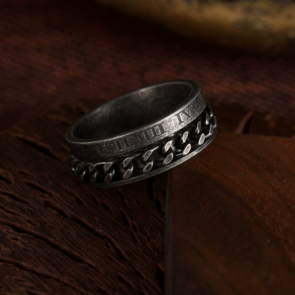 Wholesale Ring Titanium Steel Retro Distressed Style With Roman Numeral And Rotatable Chain Design