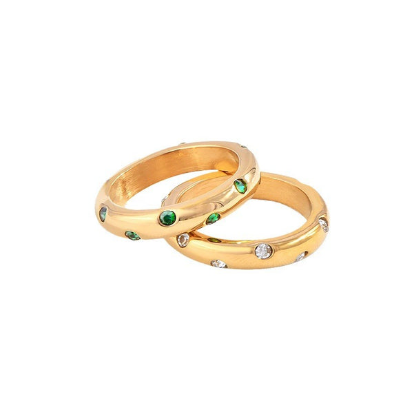 Wholesale Ring Titanium Steel Retro Geometric Microinlaid Green White Zircon 18K Gold Plated