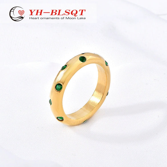 Wholesale Ring Titanium Steel Retro Geometric Microinlaid Green White Zircon 18K Gold Plated