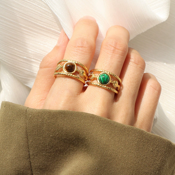 Wholesale Ring 316L Stainless Steel Retro Geometric Open Ring With Tiger Eye Stone And Turquoise