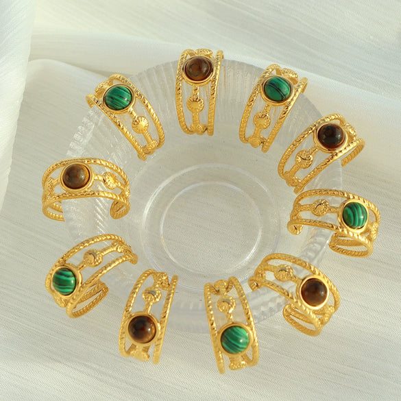 Wholesale Ring 316L Stainless Steel Retro Geometric Open Ring With Tiger Eye Stone And Turquoise