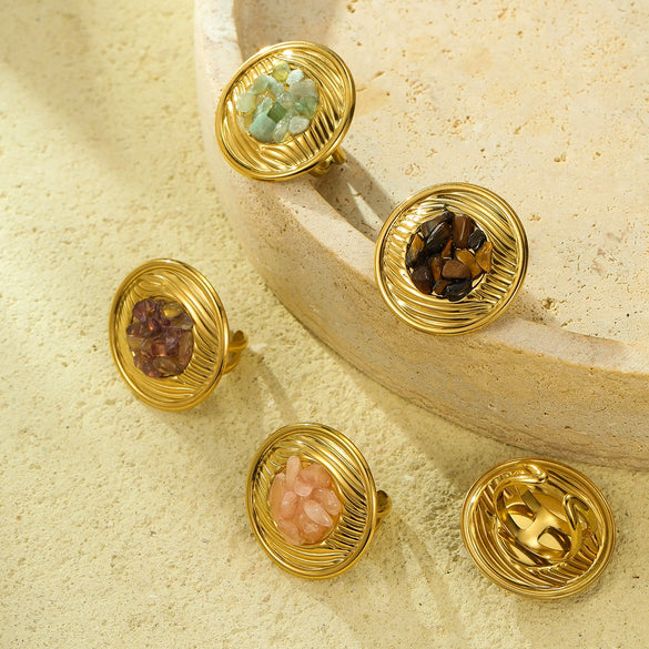 Wholesale Ring Titanium Steel Stainless Steel Round Inlaid With Natural Stone Light Luxury Style Electroplating For Women
