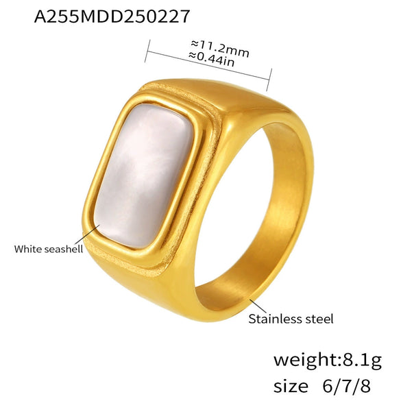 Wholesale Ring 316L Stainless Steel White Seashell Inlaid Geometric Light Luxury Gold Plated