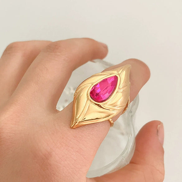 Wholesale Ring Vintage Antique Style Stainless Steel Pink Gem Open With Electroplating
