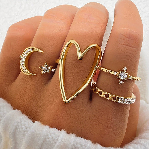 Wholesale Ring Zinc Alloy Geometric Retro Diamond Star Moon Love Hollow Triangle For Women