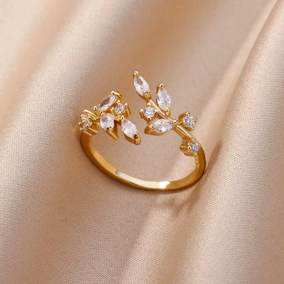 Wholesale Ring Zircon 18K Gold Plated Leaf Pattern Electroplating For Women