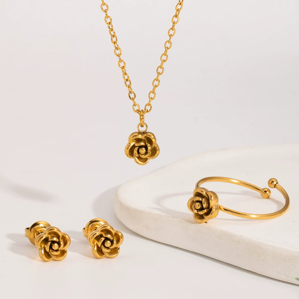 Wholesale Rose Pendant Necklace Earrings Ring Set In Stainless Steel With Minimalist Style And Pvd Furnace Vacuum Real Gold Plating For Women