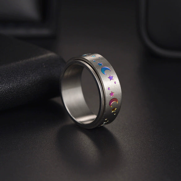 Wholesale Rotatable Electroplated Colorful Star And Moon Stainless Steel Ring With Letters Numbers Text Pattern Unisex Seiko Design